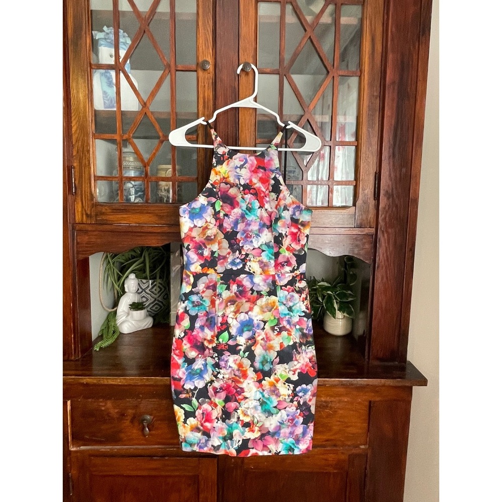 Black‎ Halo Floral Print Halter Bodycon Mini Dress - Size 4